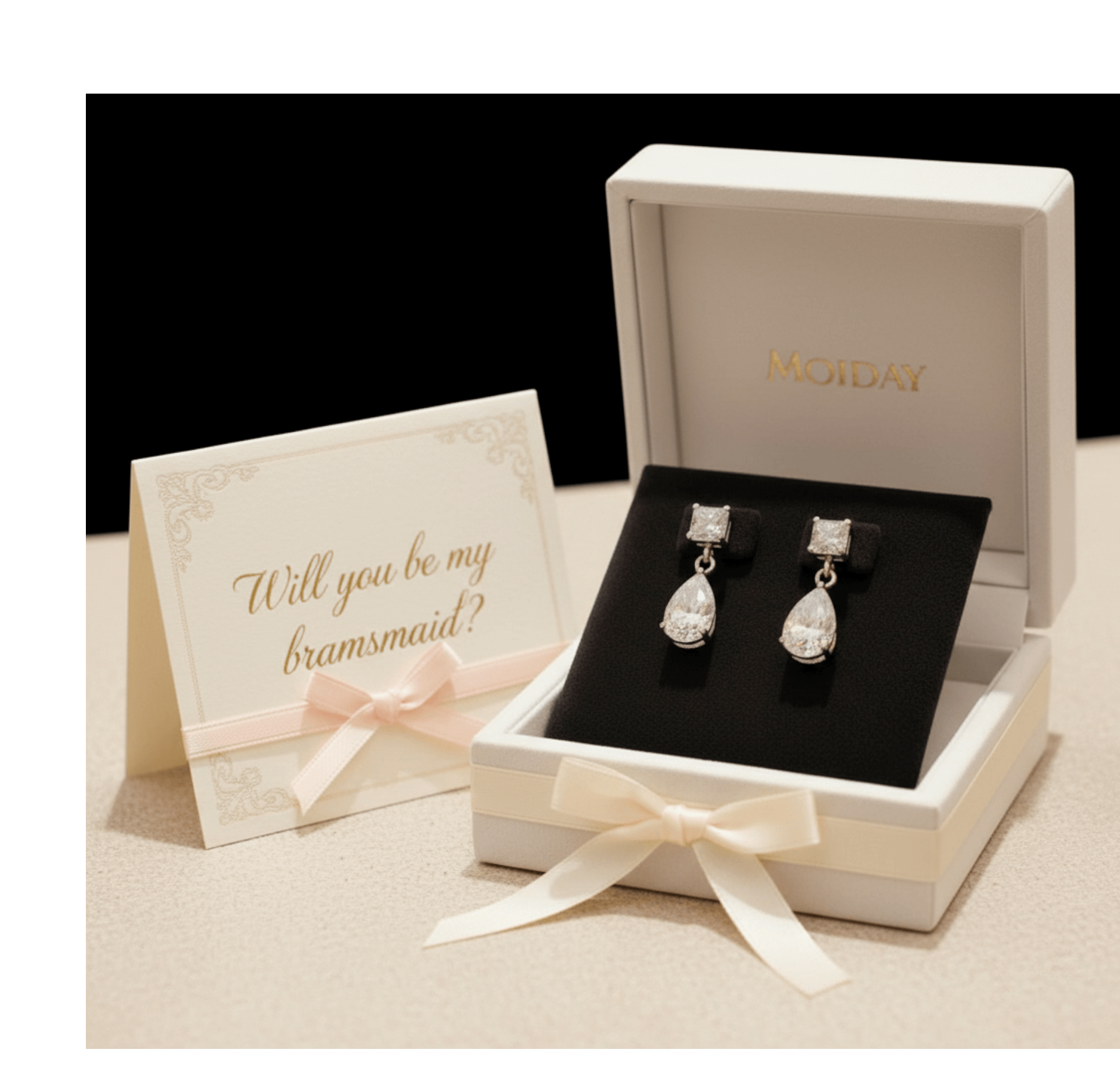 Diamond earrings in a box with a 'Will you be my bridesmaid?' card on a beige surface.