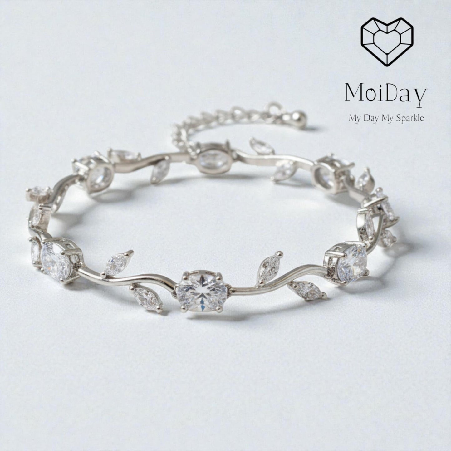 Close-up of Moiday Celeste Vine Bridal Bracelet showcasing delicate vine design and shimmering details.