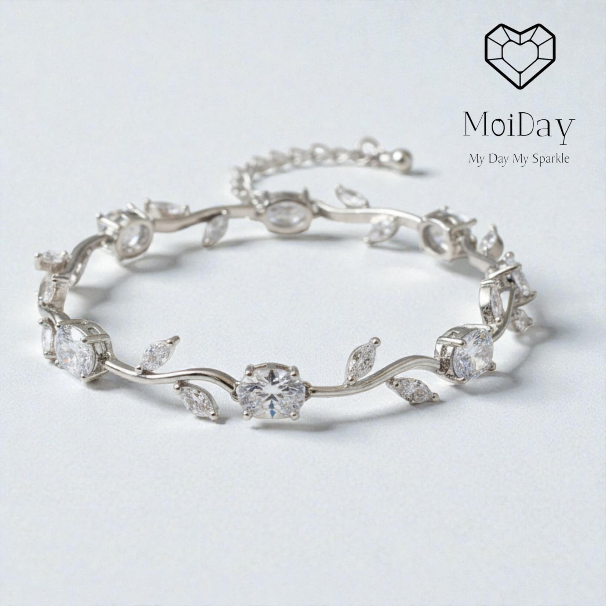 Close-up of Moiday Celeste Vine Bridal Bracelet showcasing delicate vine design and shimmering details.