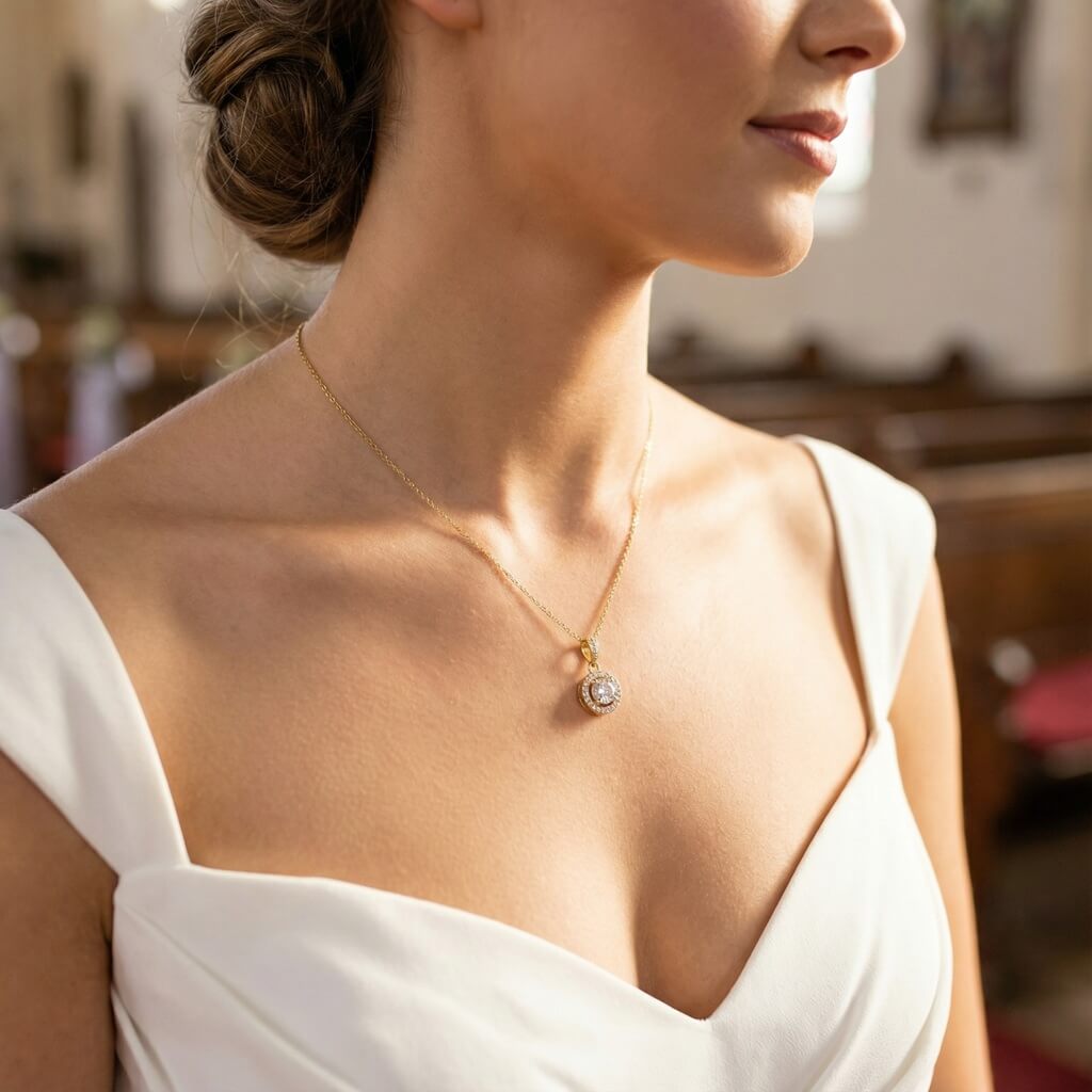Bride wearing gold halo pendant necklace with white wedding dress in church interior, elegant updo hairstyle