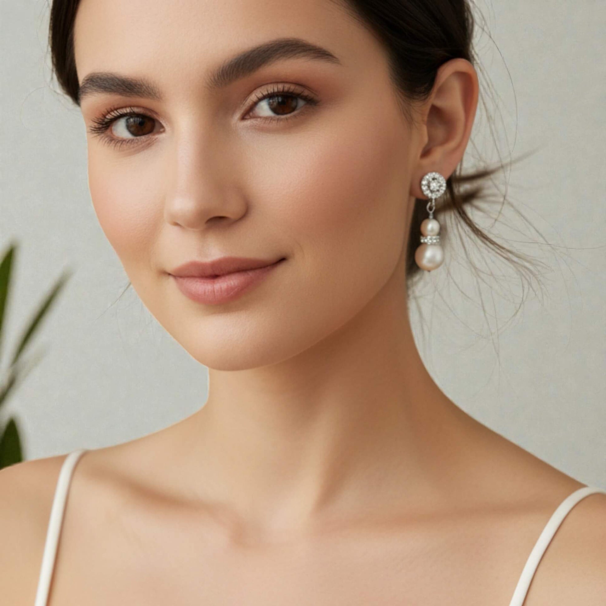 Gold and pearl drop earrings photographed on satin fabric with wooden frame