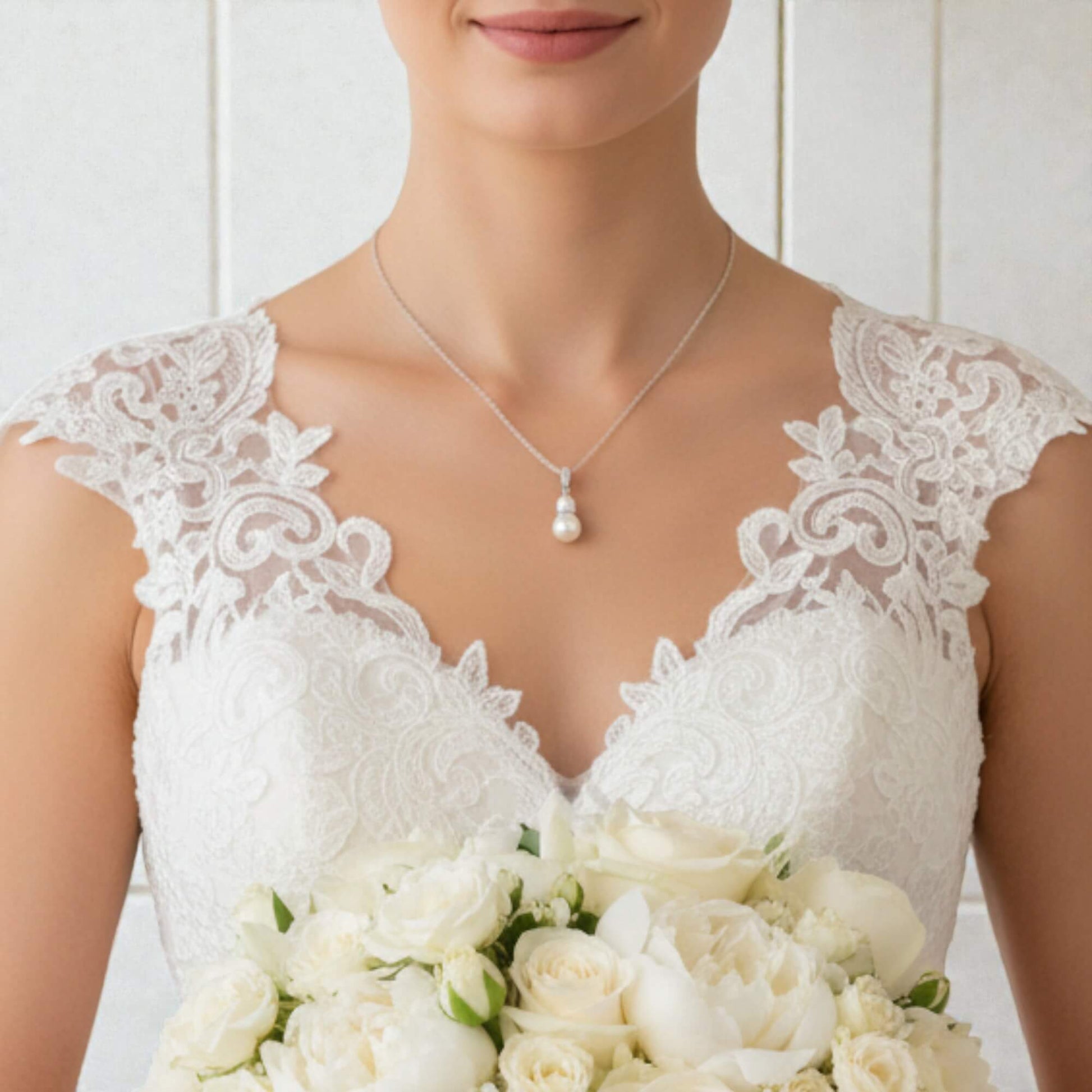 Silver and pearl bridal jewelry set photographed on white satin background