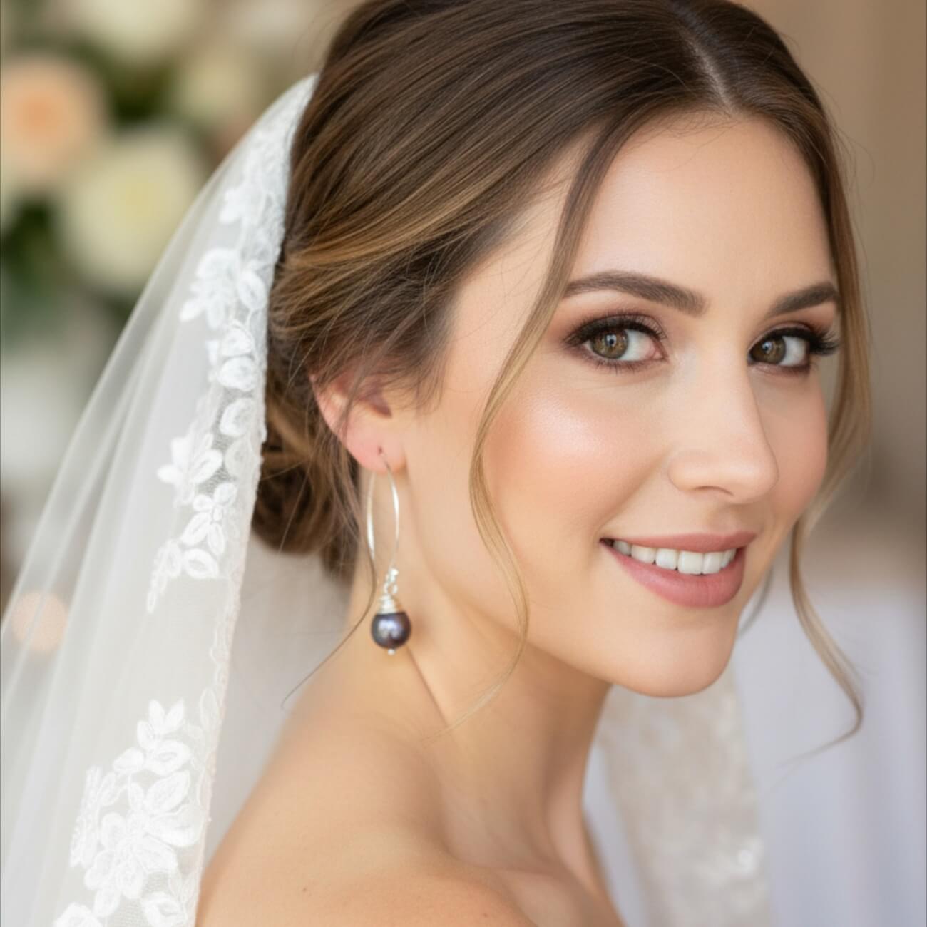 rose gold plated pearl pendant necklace photographed with bride