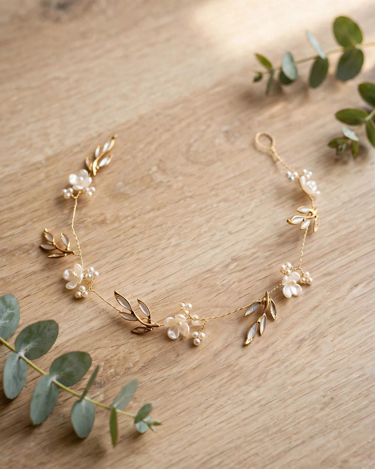 Bridal Hair Vine with Gold-Plated Leaves and Premium Glass Pearls – Wedding Hair Accessory