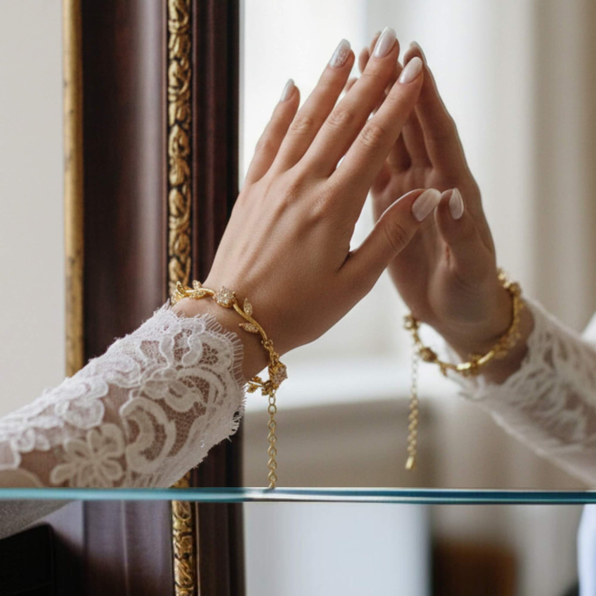 Luxury bridal jewelry bracelet by Moiday with nature-inspired detailing and polished gold finish.