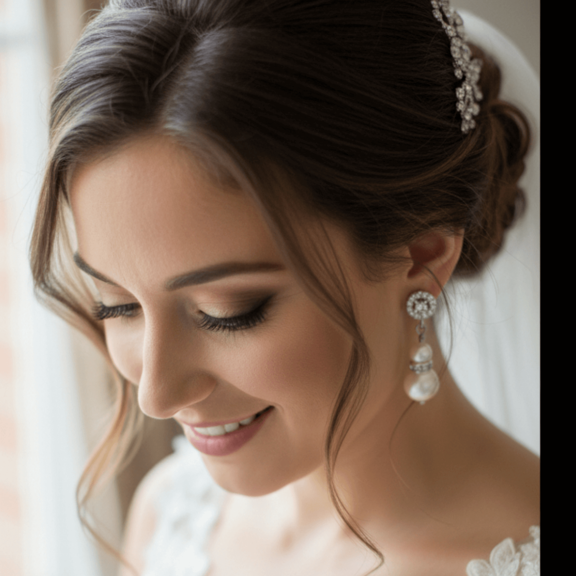 Silver bridal drop earrings with emerald-cut zircon charm worn by model, elegant close-up ear view.