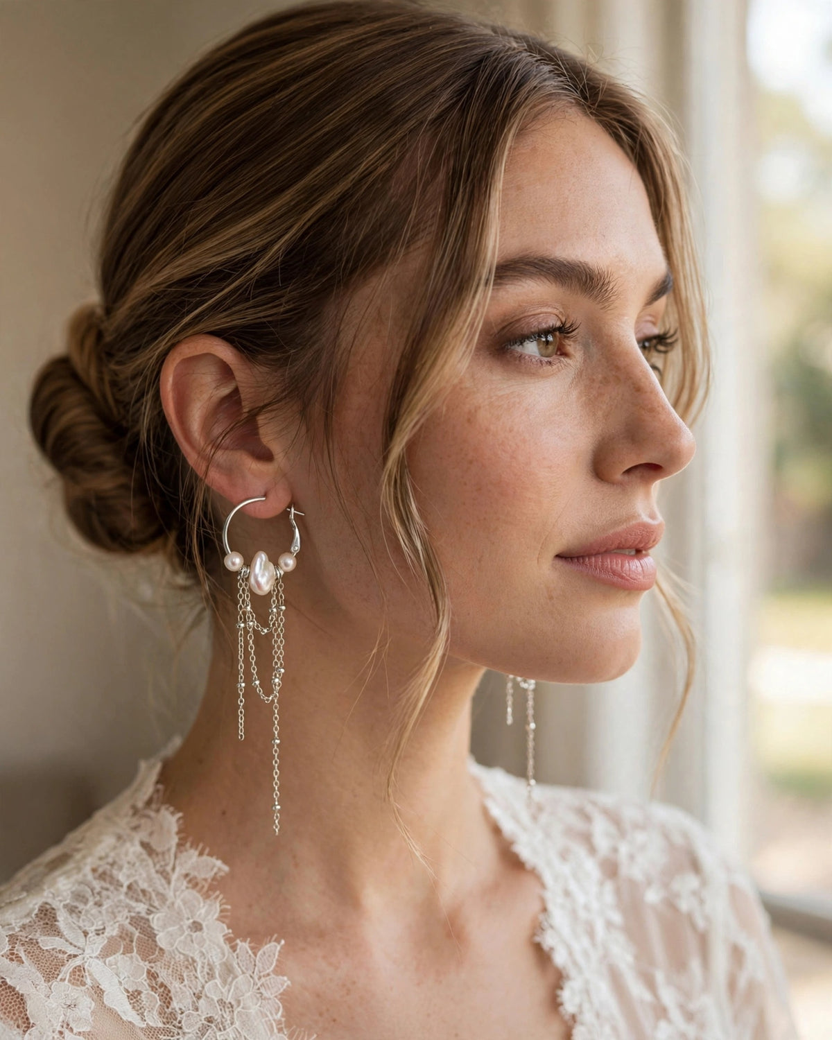 Bride wearing freshwater pearl dangle earrings for a wedding