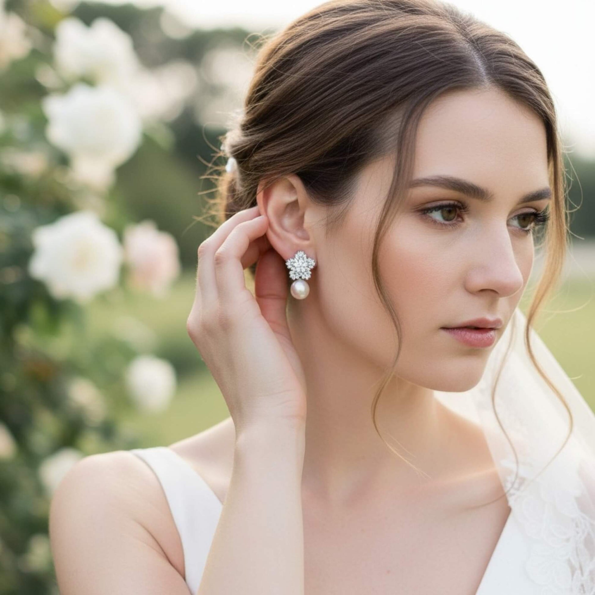 Close-up bridal portrait highlighting pearl and crystal drop earrings.