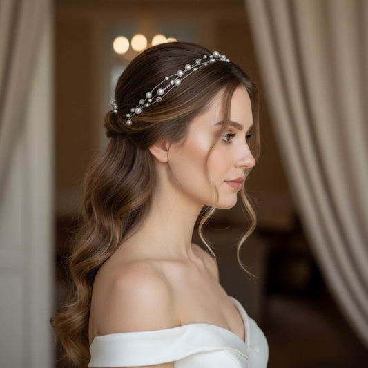 Minimal bridal hairvine featuring pearls and clear beads