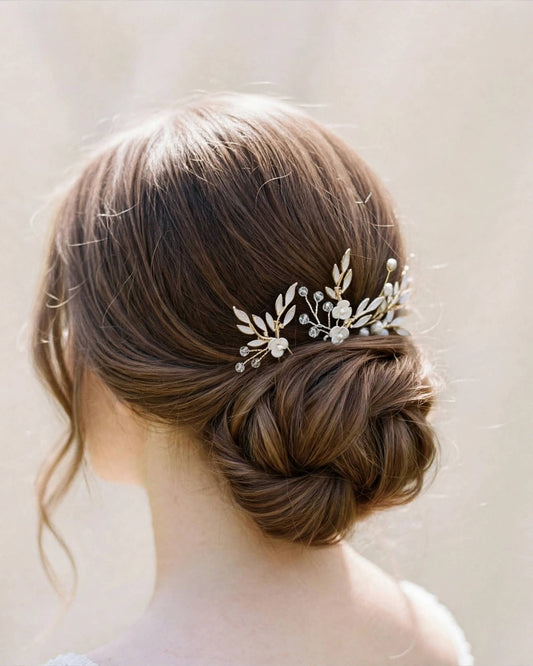 Bridal Leaf Pearl Hair Pins Set of 3 – Crystal Wedding Hair Accessories, Gold, Silver, Rose Gold