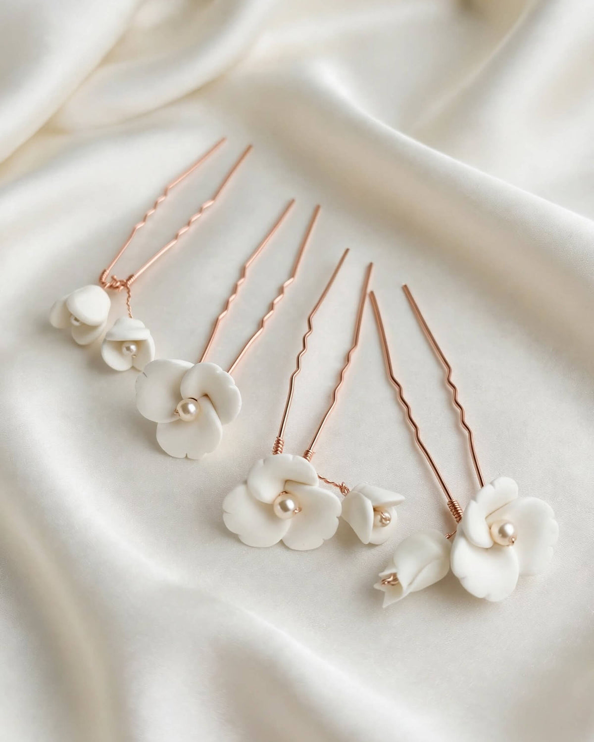 Bridal Hair Pins with Porcelain Flowers & Pearls – Minimalist Wedding Hair Accessory