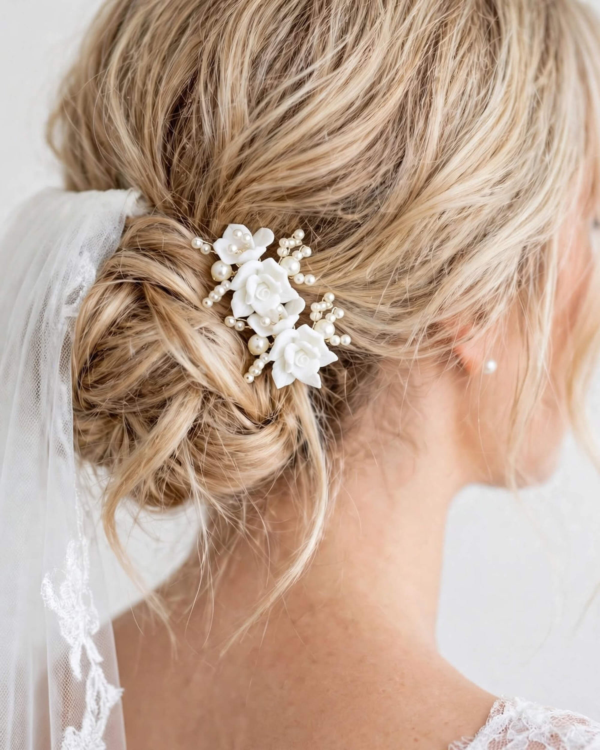 Pearl Hair Pin with Porcelain Rose – Floral Bridal Hair Accessory