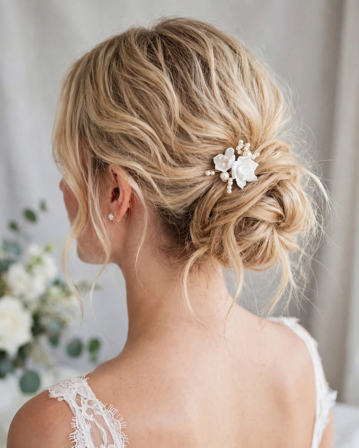 Pearl Hair Pin with Porcelain Rose – Floral Bridal Hair Accessory