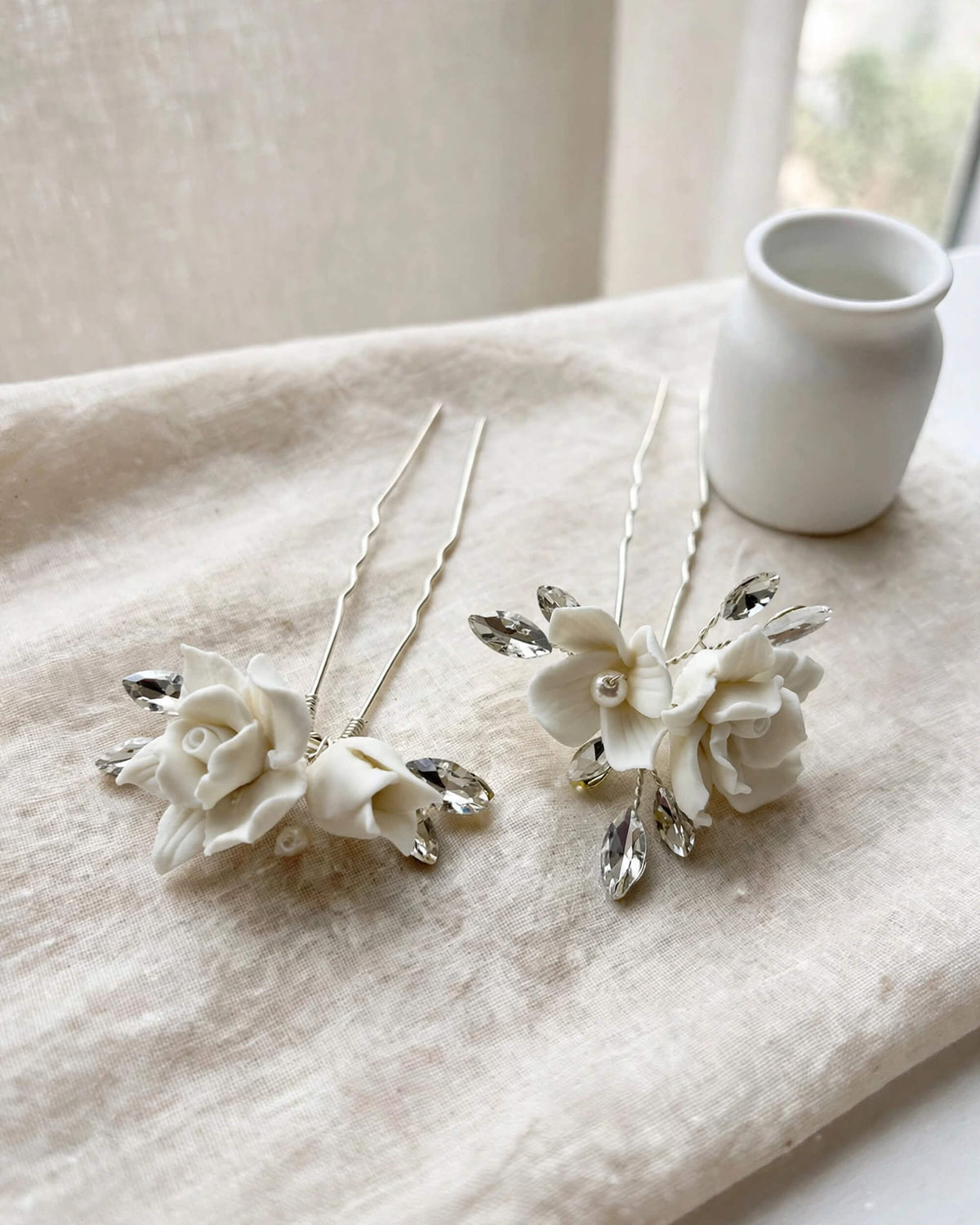 Bridal Hair Pins with Porcelain Roses & Crystal Leaves – Wedding Hair Accessory