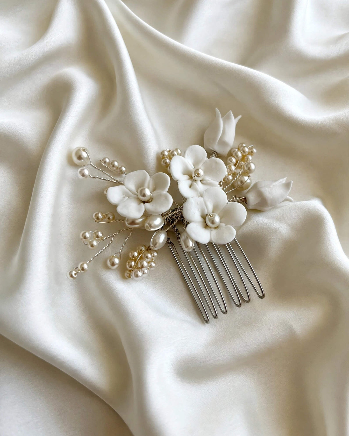 Bridal Hair Comb with Porcelain Flowers & Glass Pearls – Floral Wedding Hair Accessory