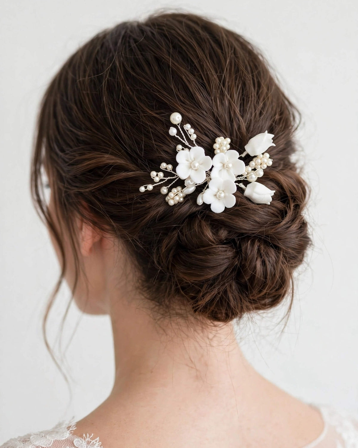 Bridal Hair Comb with Porcelain Flowers & Glass Pearls – Floral Wedding Hair Accessory