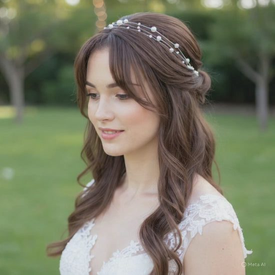 the minimal pearl hairvine on a soft satin background.