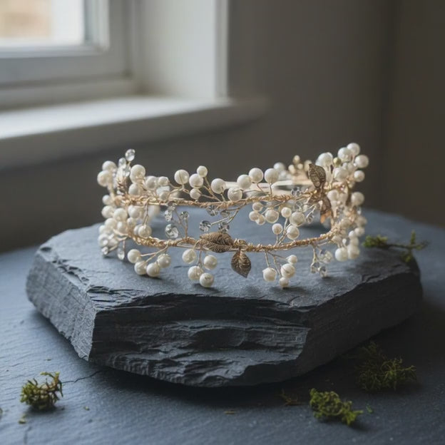 Video of a pearl and zircon bridal headband in gold and silver, shown in soft bridal lighting with slow rotating angles to highlight the pearls, zircon sparkle and floral details