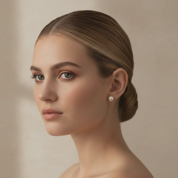 Close‑up video of a bride wearing a pearl stud earring against a soft beige background.