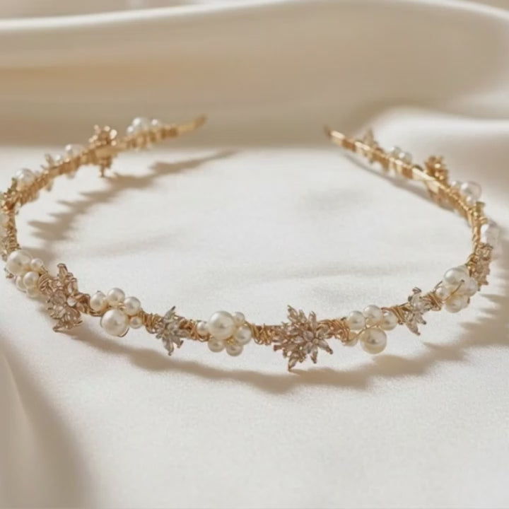 Gold pearl and zircon bridal headband