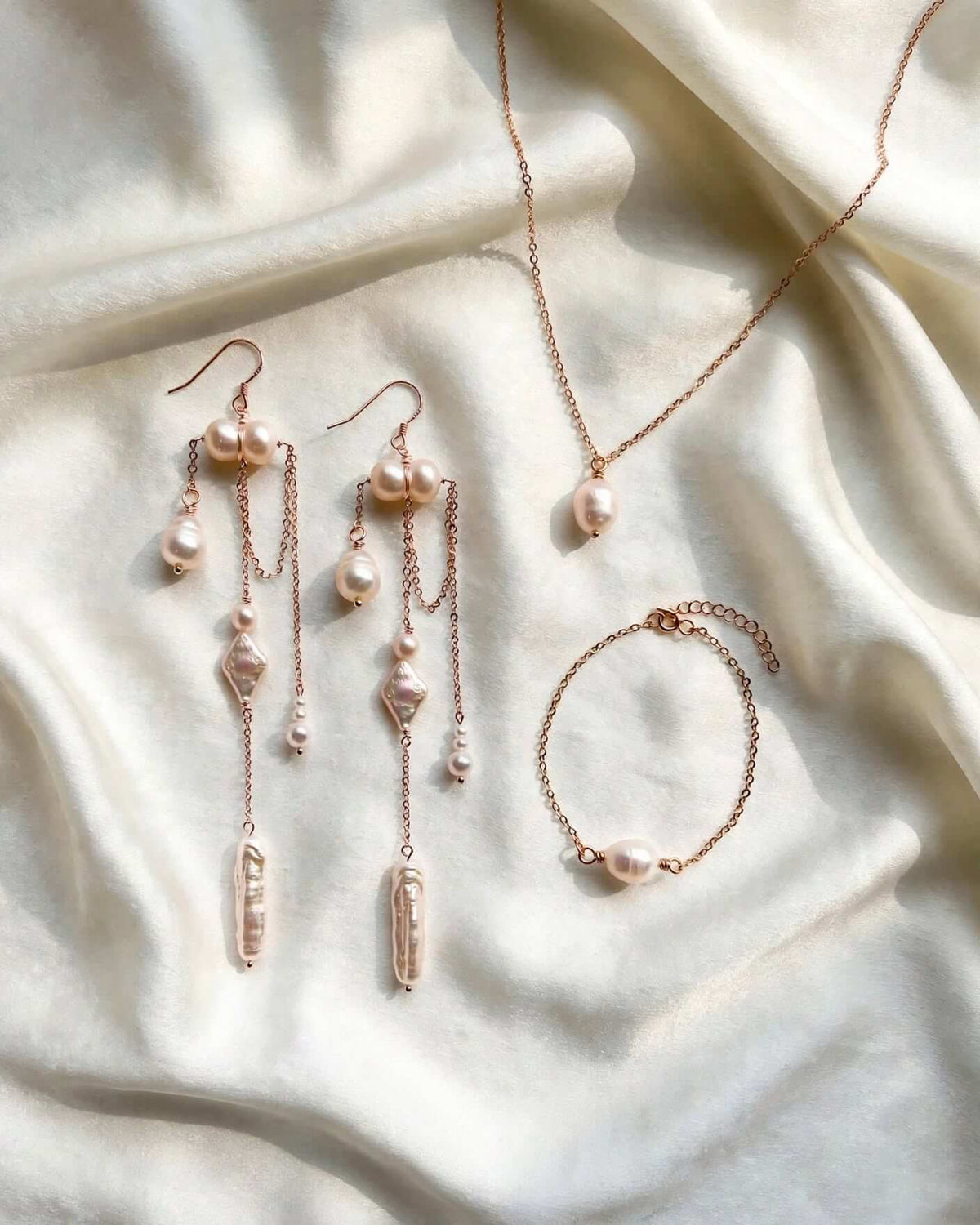 Handmade gold pearl bridal set - statement drop earrings, necklace and bracelet