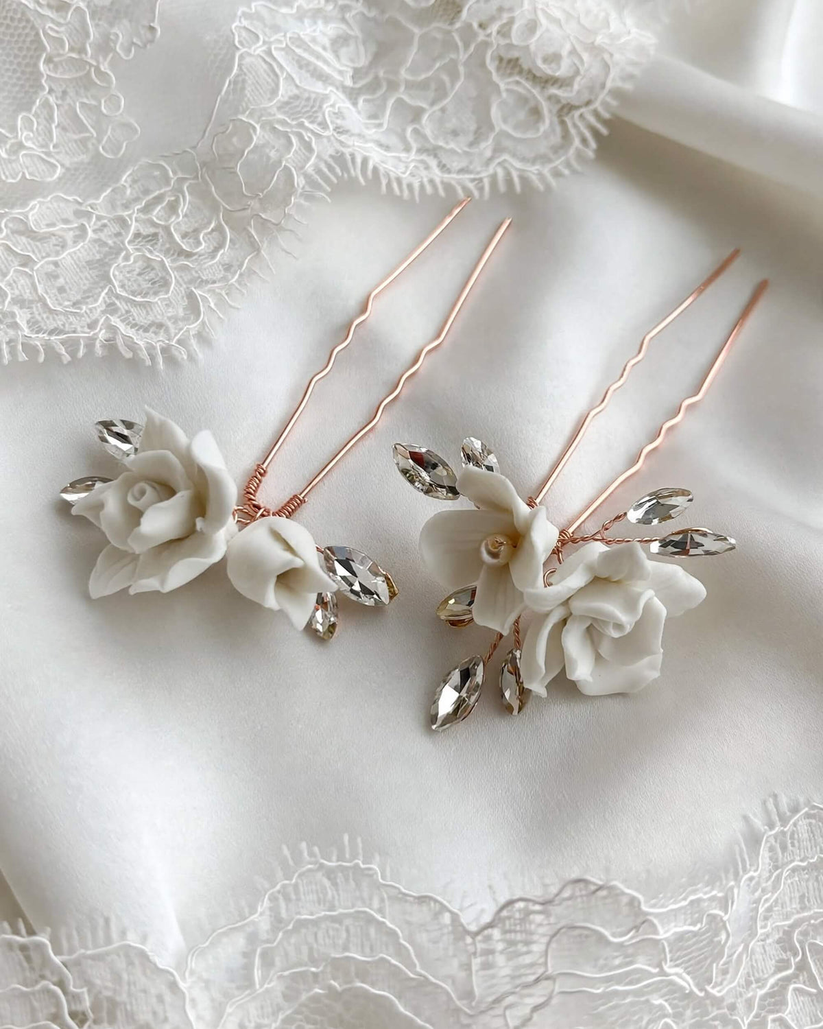 Bridal Hair Pins with Porcelain Roses & Crystal Leaves – Wedding Hair Accessory