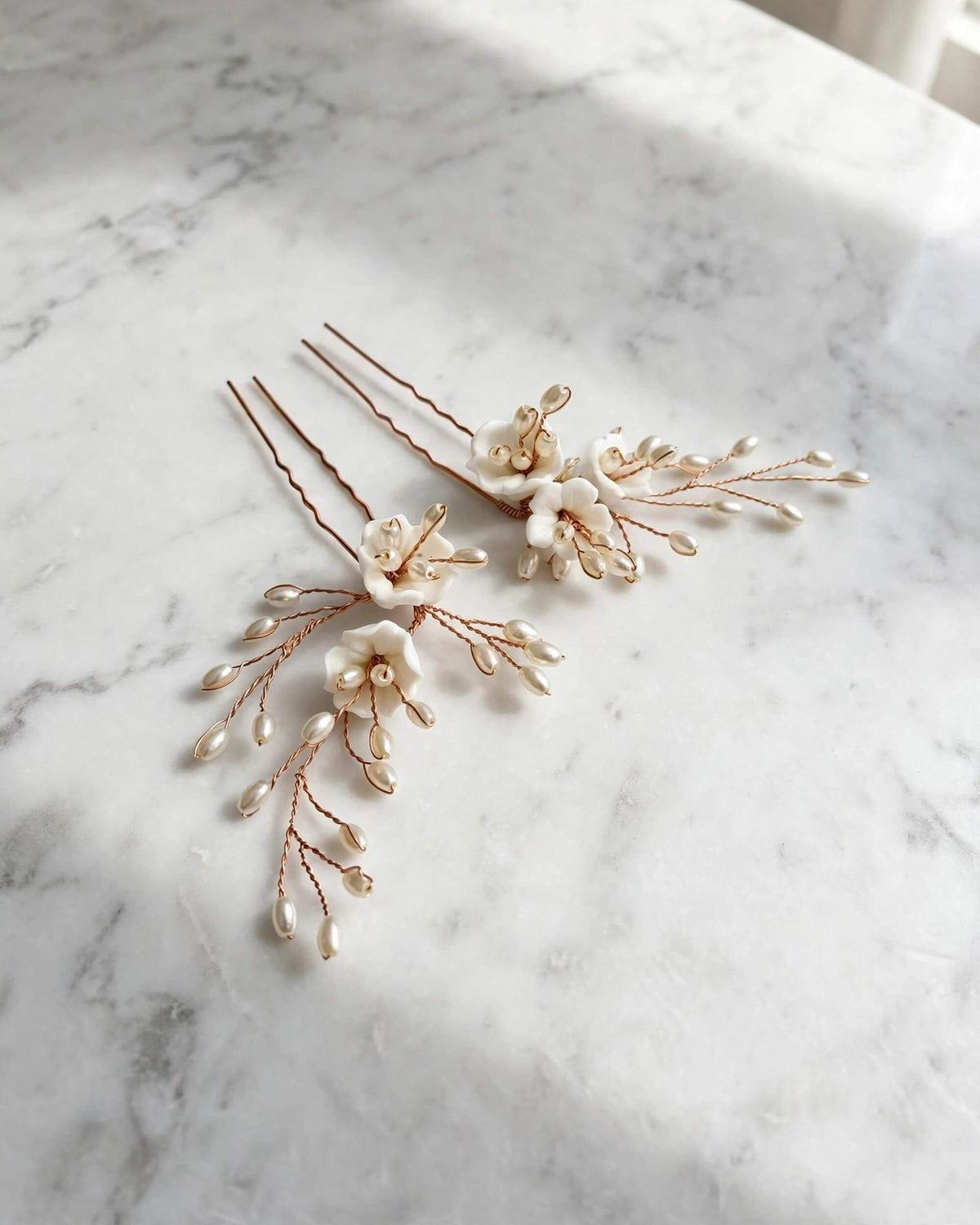 Pearl Hair Pins with Porcelain Flowers – Floral Wedding Hair Accessory