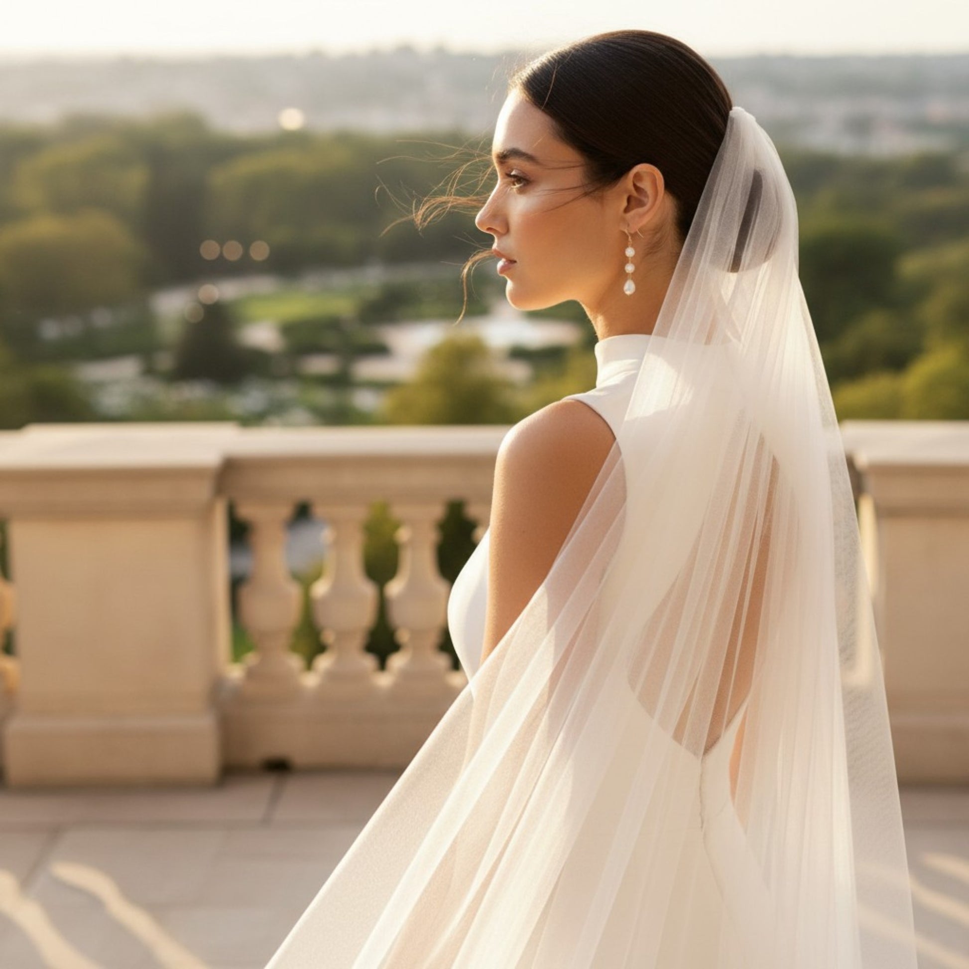 Close‑up portrait of a bride wearing a pearl drop earring against a soft beige background.