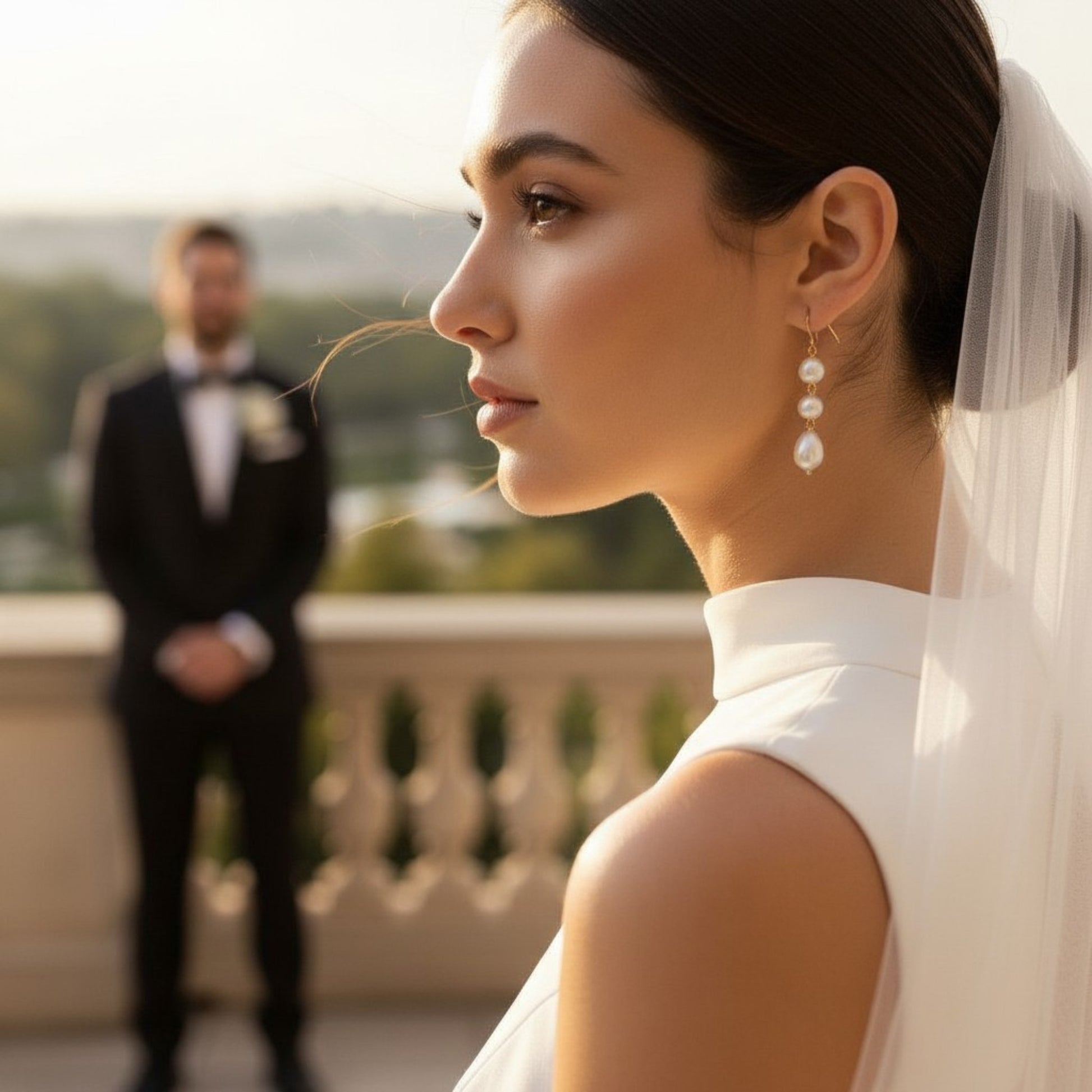 Bride in a white gown wearing pearl drop earrings, standing in soft golden hour light with the groom blurred in the background.