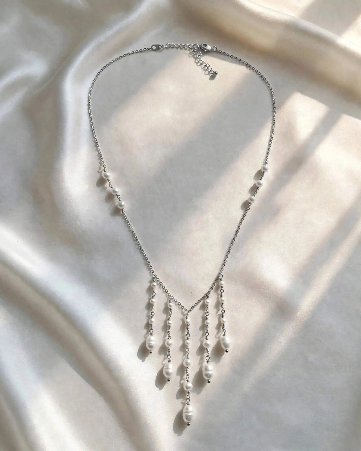 Freshwater Pearl Bridal Necklace with Cascading Pearl Drops, Wedding Jewellery