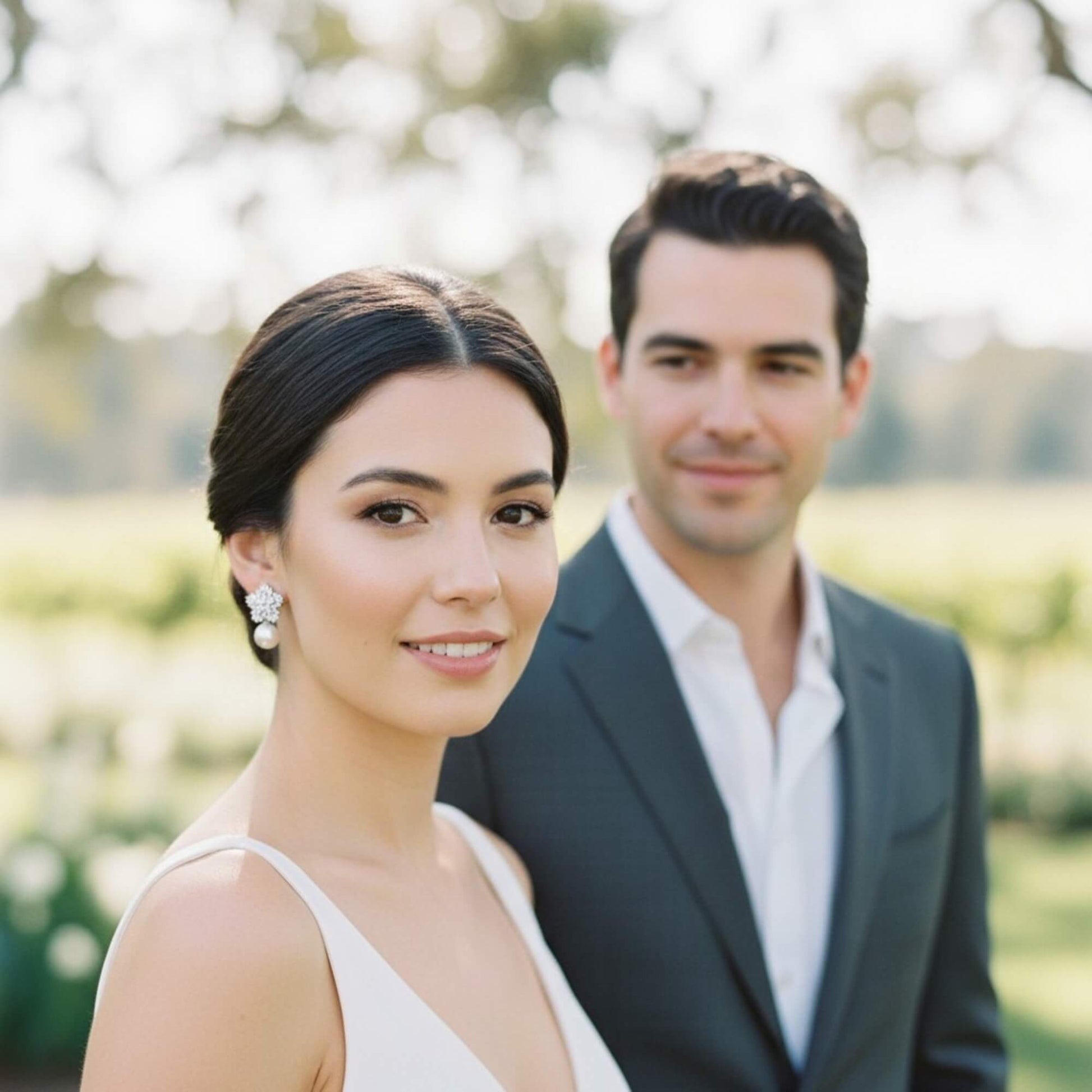 Side-profile bride showcasing pearl drop earrings with sparkling crystal cluster.