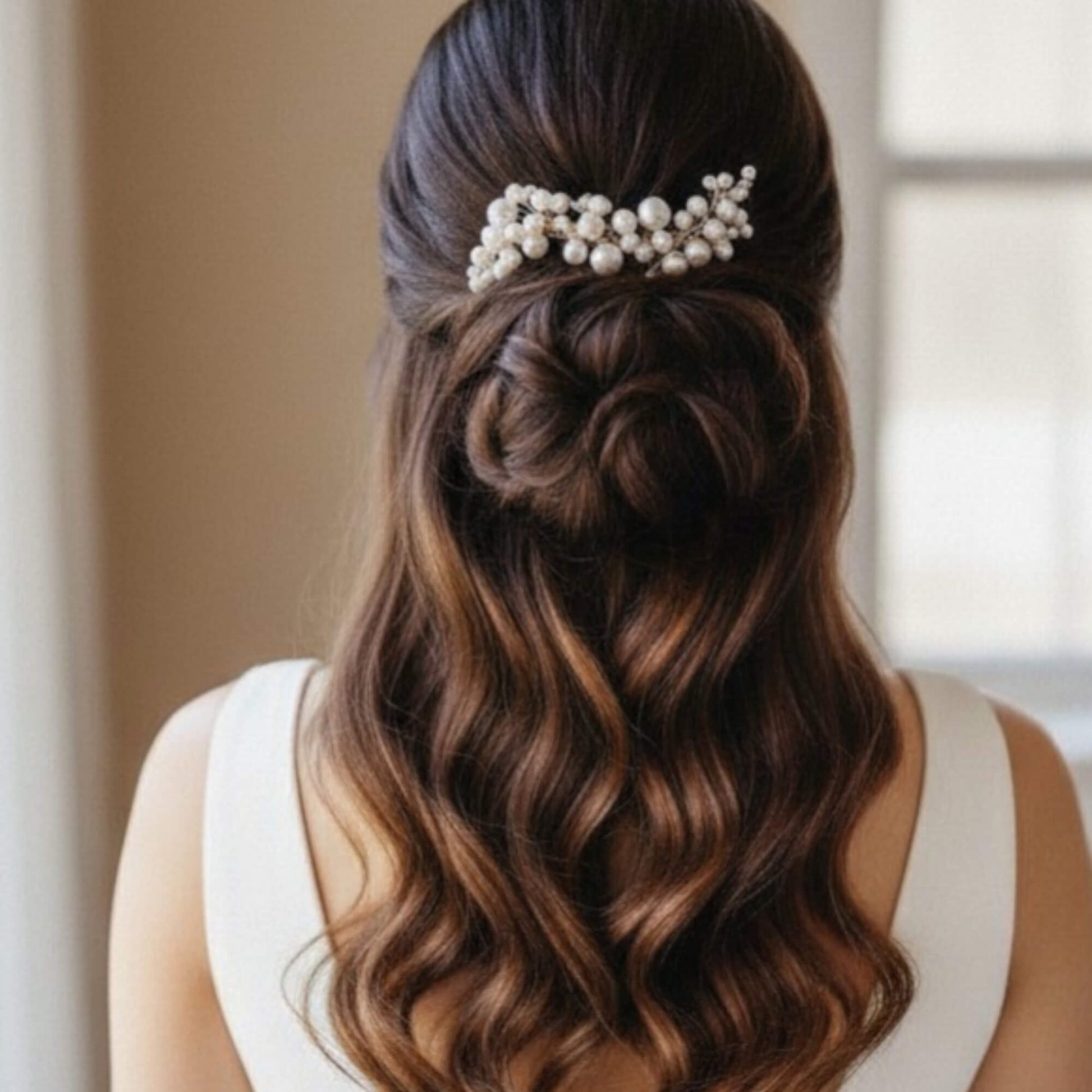 Rose gold floral pearl hairpiece arranged in an airy bridal flatlay.