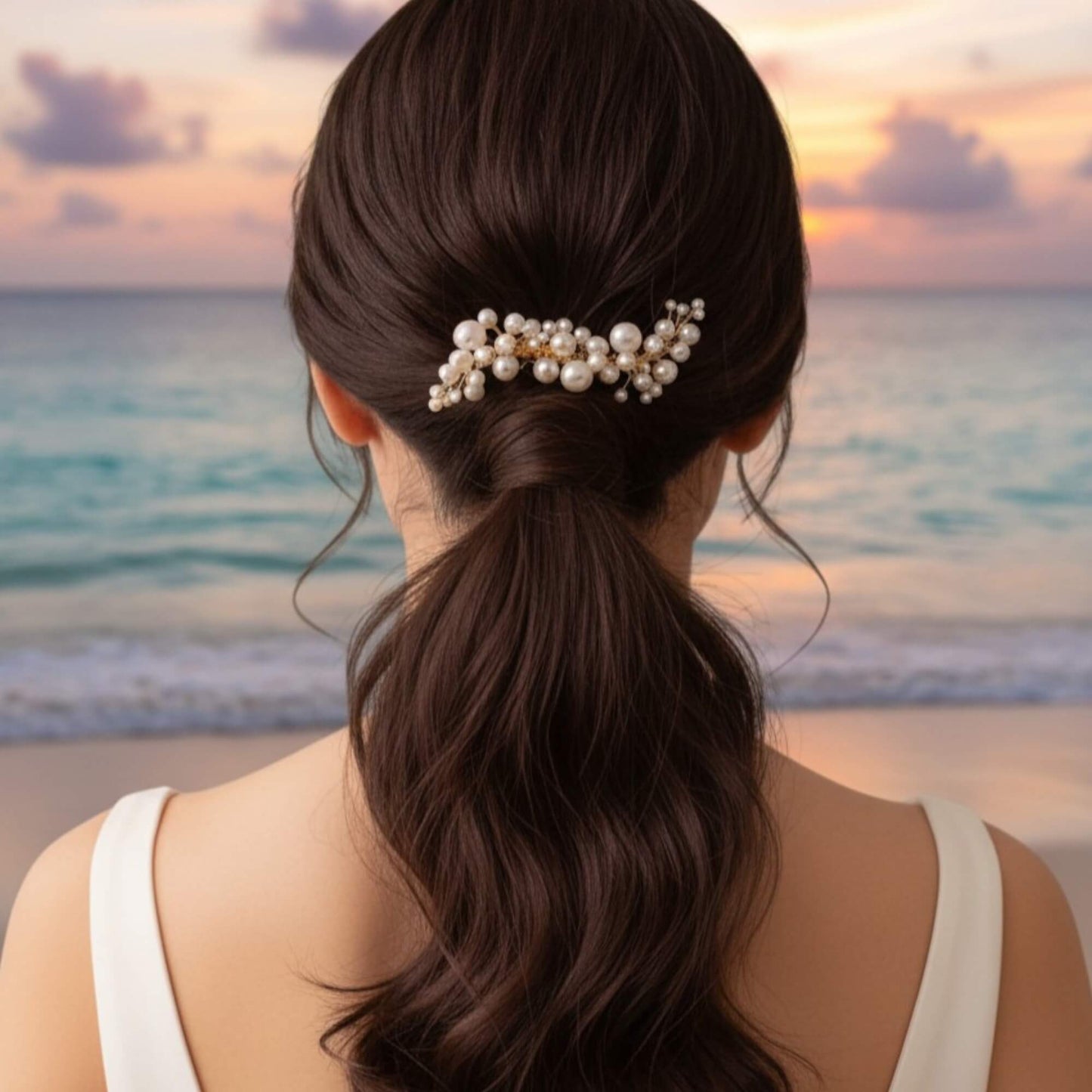 Rose gold pearl bridal hairpiece styled in a romantic low bun.