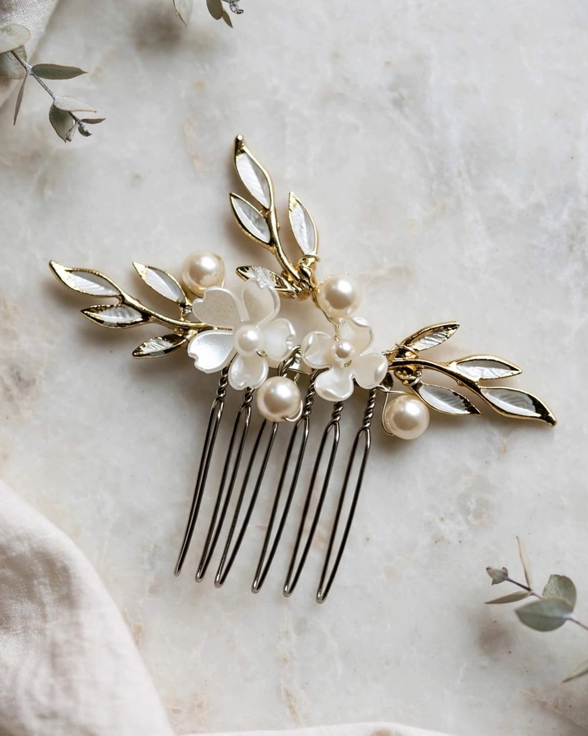 Bridal Hair Comb with Floral Pearls and Gold Leaves – Wedding Hair Accessory