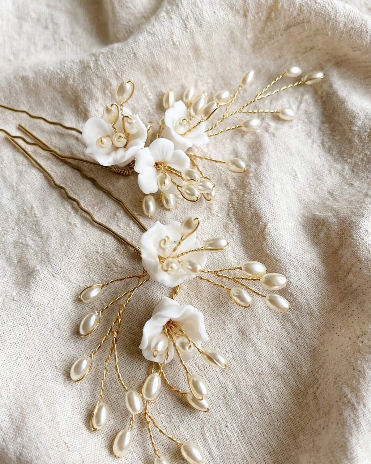 Pearl Hair Pins with Porcelain Flowers – Floral Wedding Hair Accessory