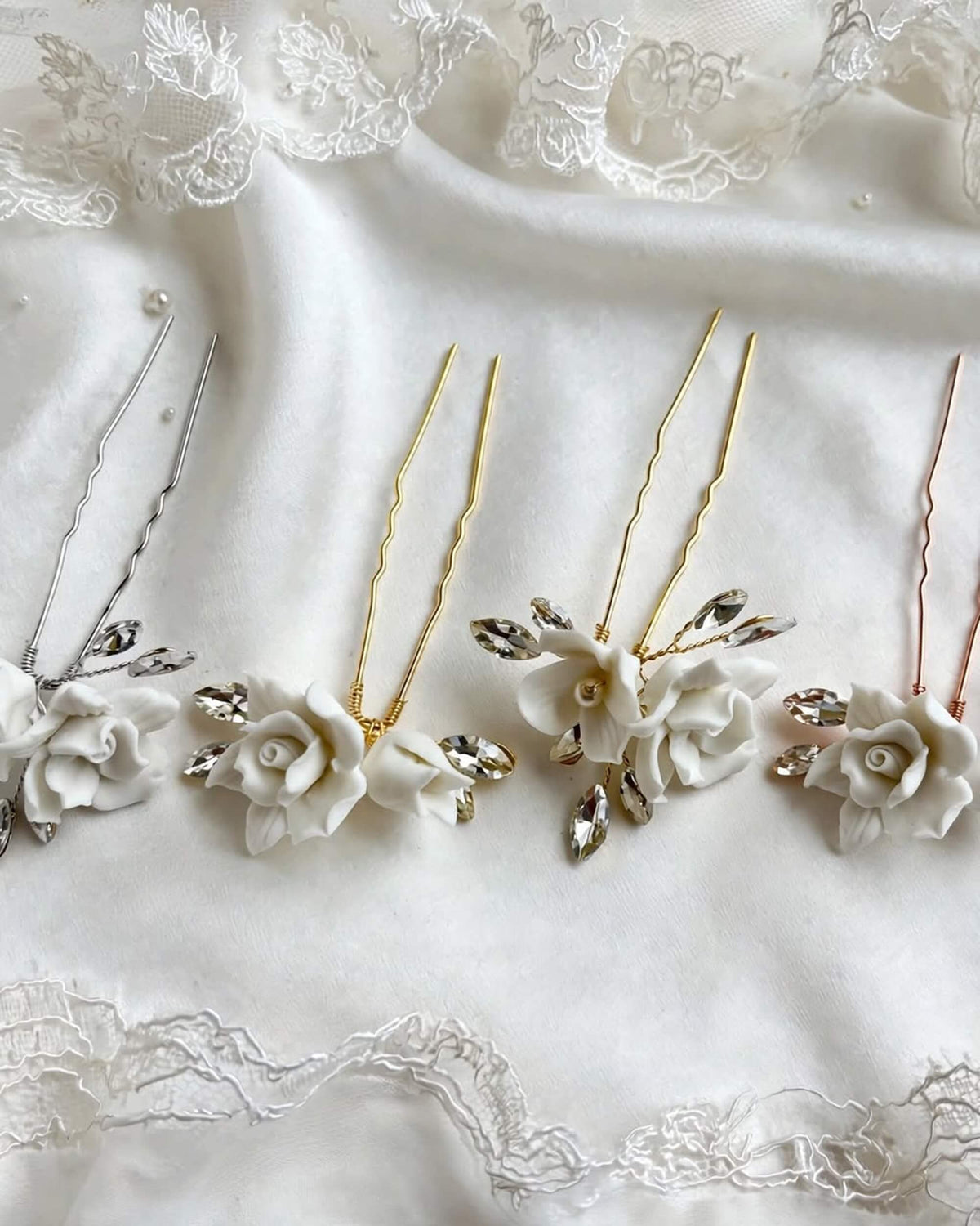 Bridal Hair Pins with Porcelain Roses & Crystal Leaves – Wedding Hair Accessory