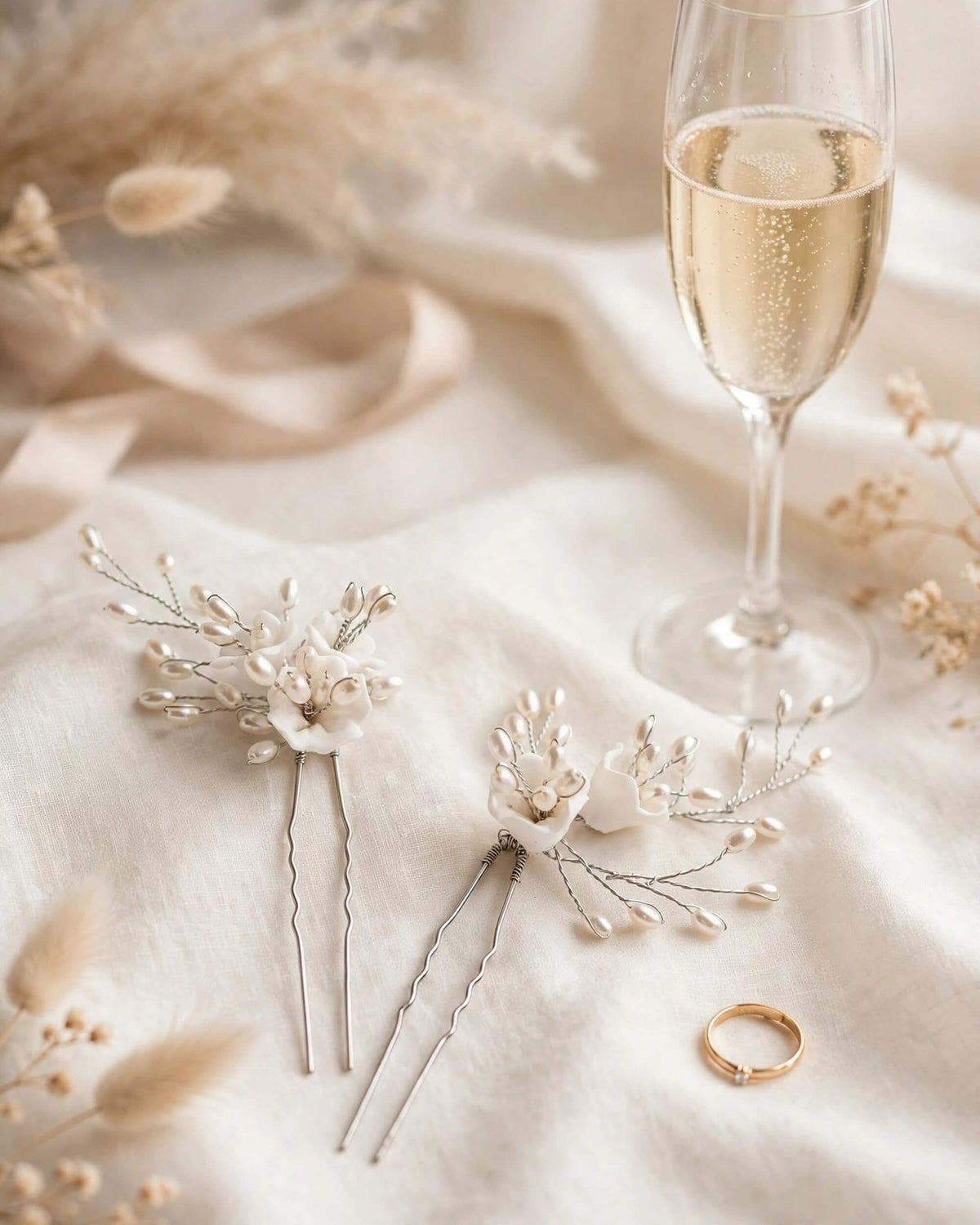 Pearl Hair Pins with Porcelain Flowers – Floral Wedding Hair Accessory