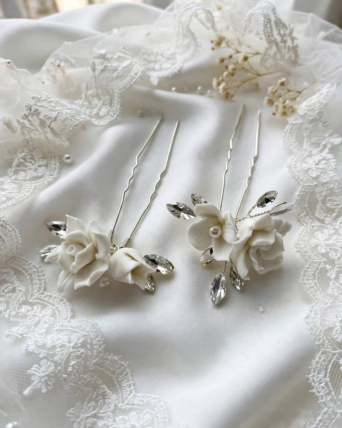 Bridal Hair Pins with Porcelain Roses & Crystal Leaves – Wedding Hair Accessory