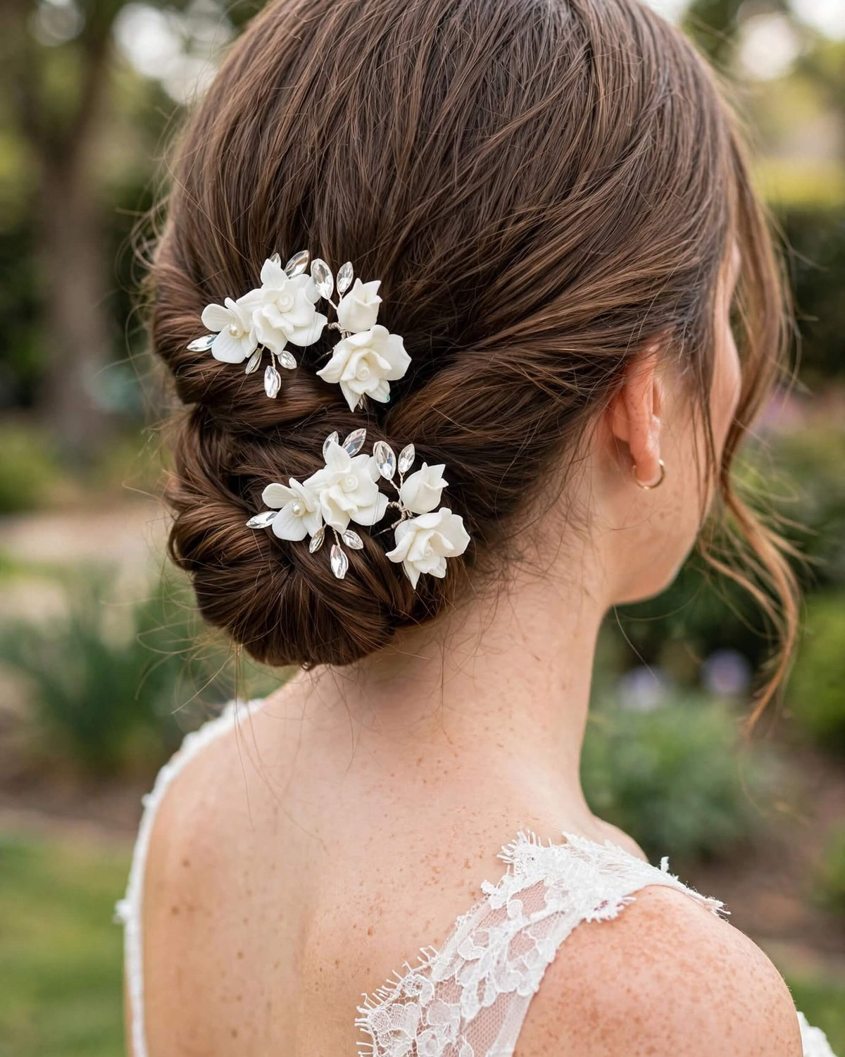 Bridal Hair Pins with Porcelain Roses & Crystal Leaves – Wedding Hair Accessory