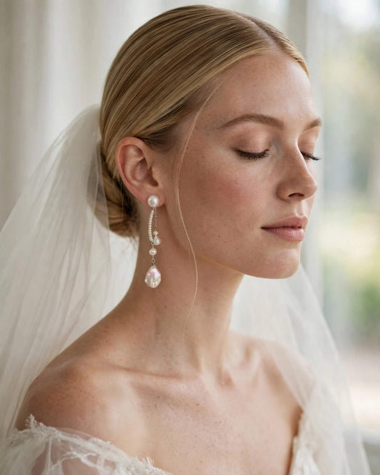 A close-up portrait of a woman wearing elegant drop earrings with pear-shaped white pearls and clear crystal accents, styled with a white bridal veil and off-the-shoulder wedding dress.