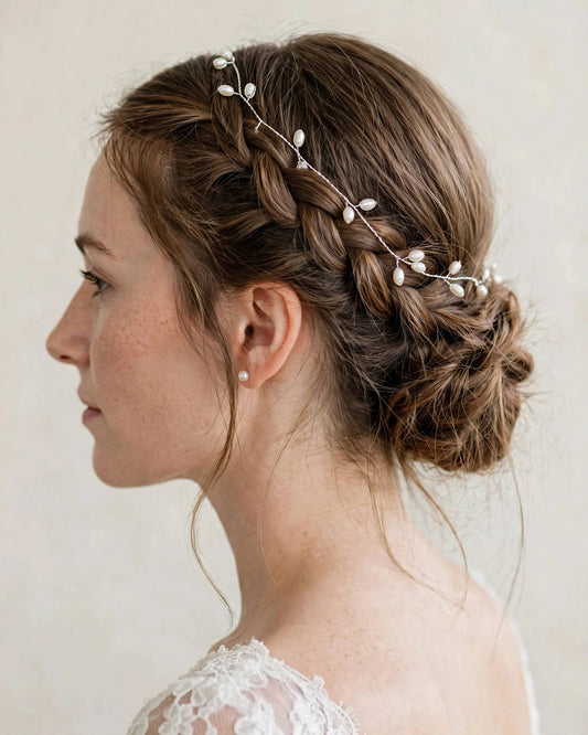 A woman in profile wearing a delicate silver vine hair accessory with small pearl-like beads woven through her braided and updo hairstyle.