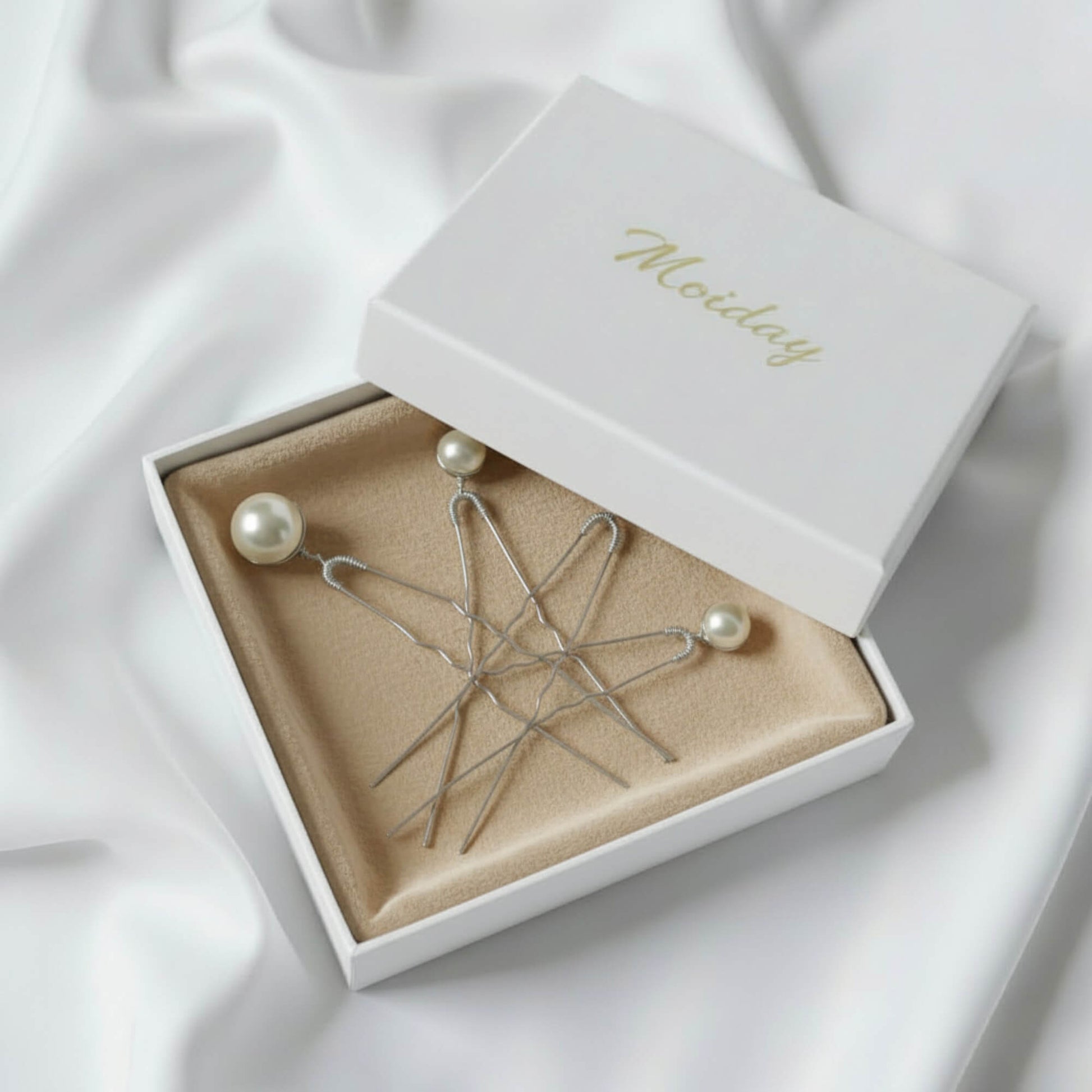 Soft‑luxury gold hairpins with glass pearls for modern brides
