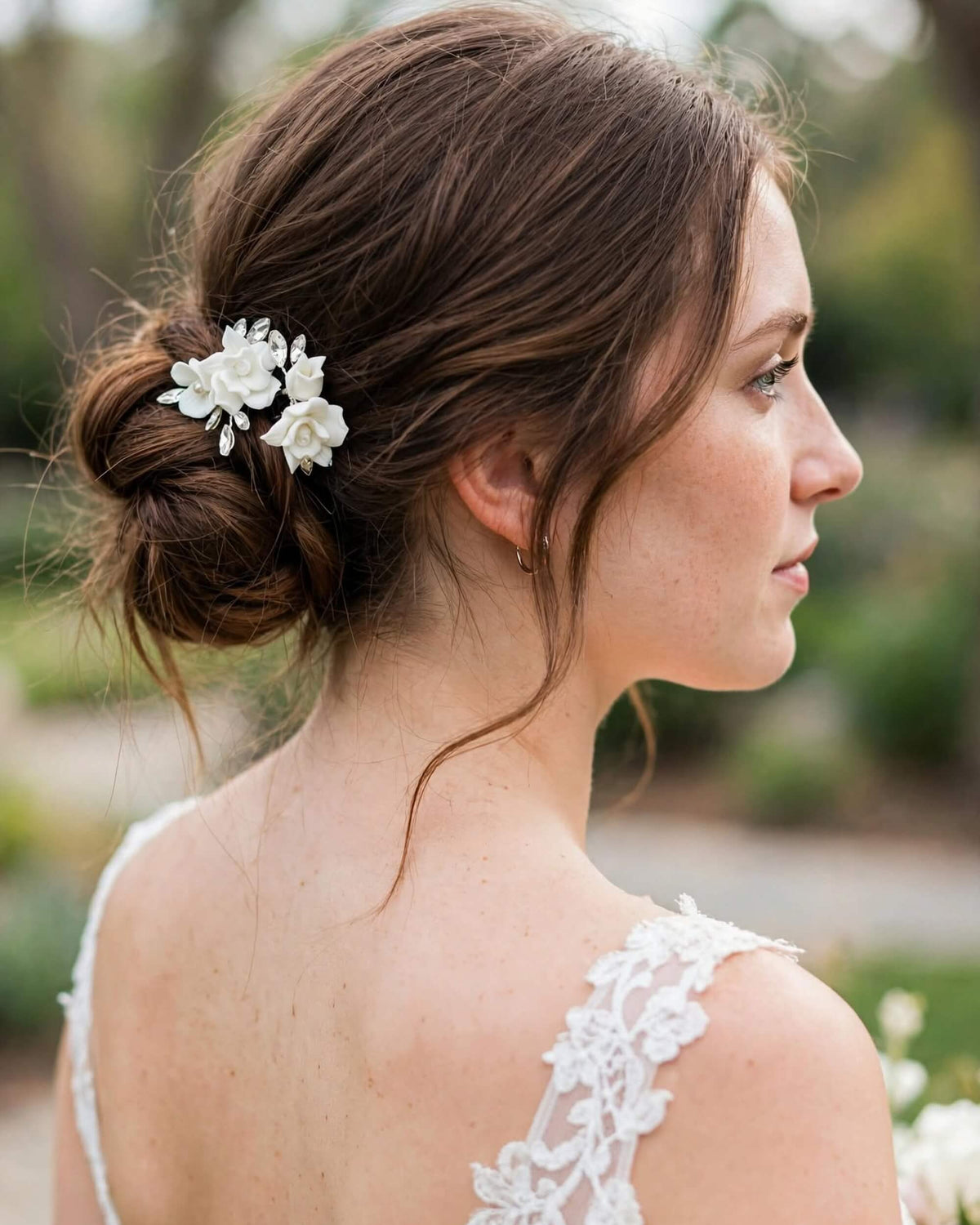Bridal Hair Pins with Porcelain Roses & Crystal Leaves – Wedding Hair Accessory