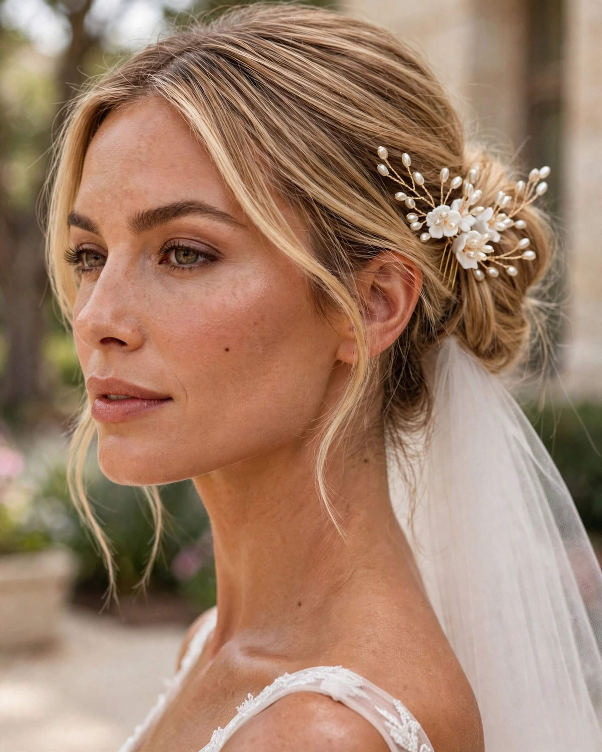 Pearl Hair Pins with Porcelain Flowers – Floral Wedding Hair Accessory