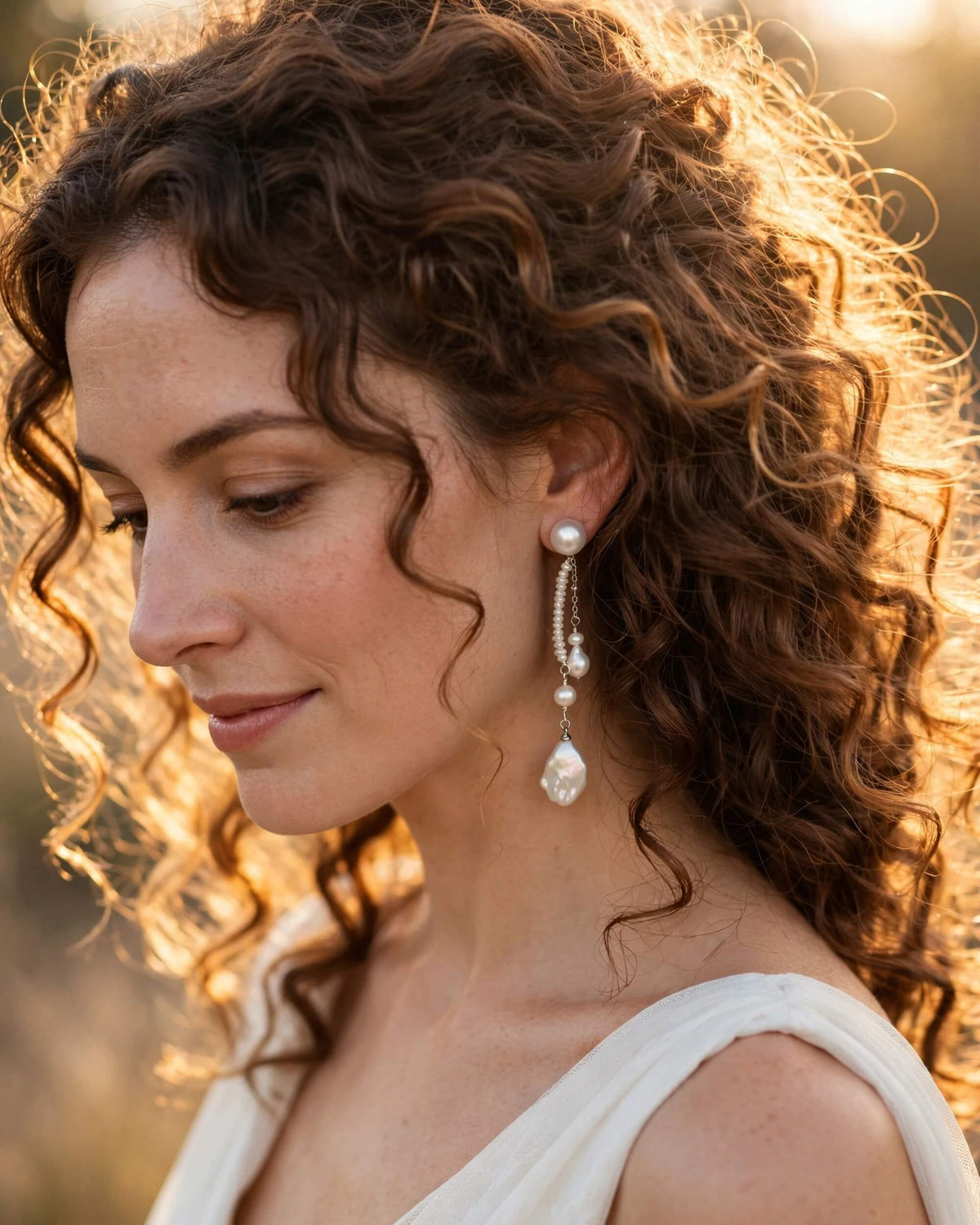 A close-up portrait of a woman with curly brown hair wearing a long pearl drop earring with silver-toned chain detailing, set against a warm, sunlit outdoor background.