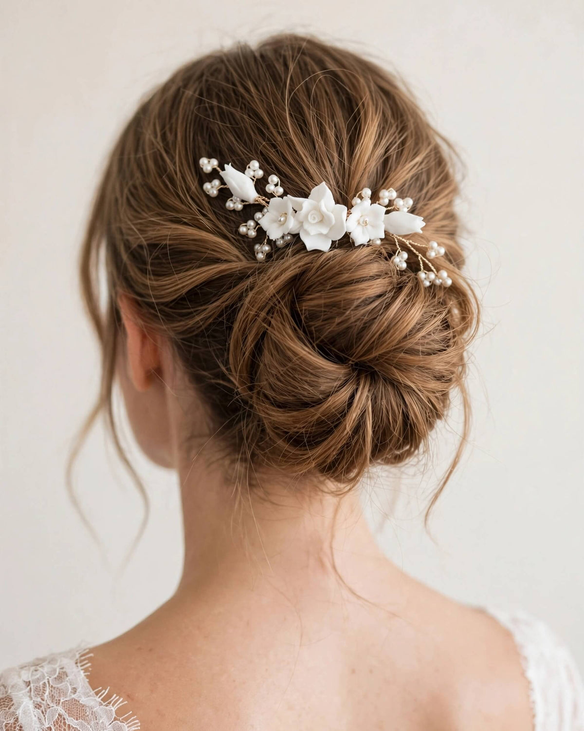 Bridal Hair Comb with Porcelain Flowers & Glass Pearls – Floral Wedding Accessory