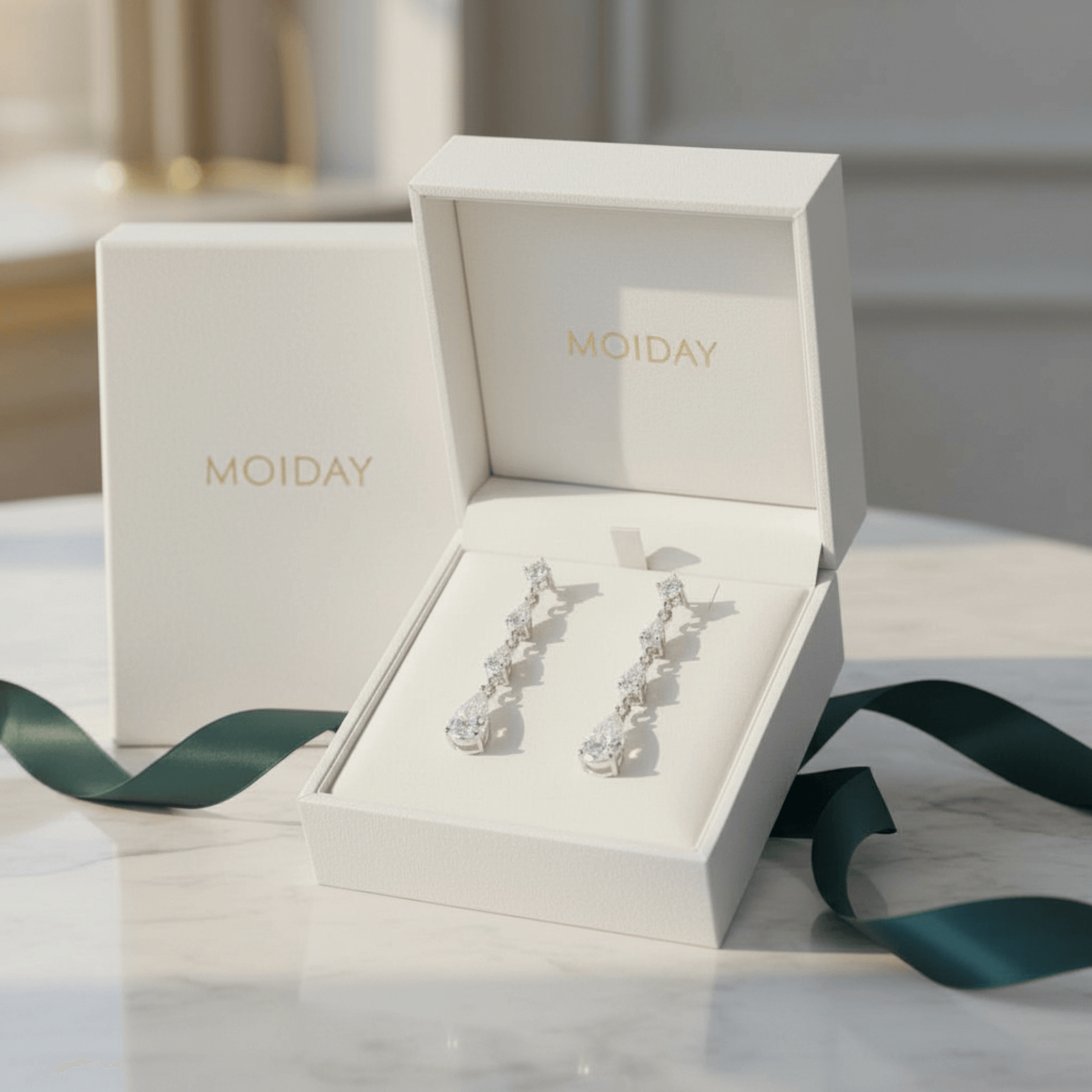 Silver earrings in an open white box with 'MOIDAY' branding on a marble surface.