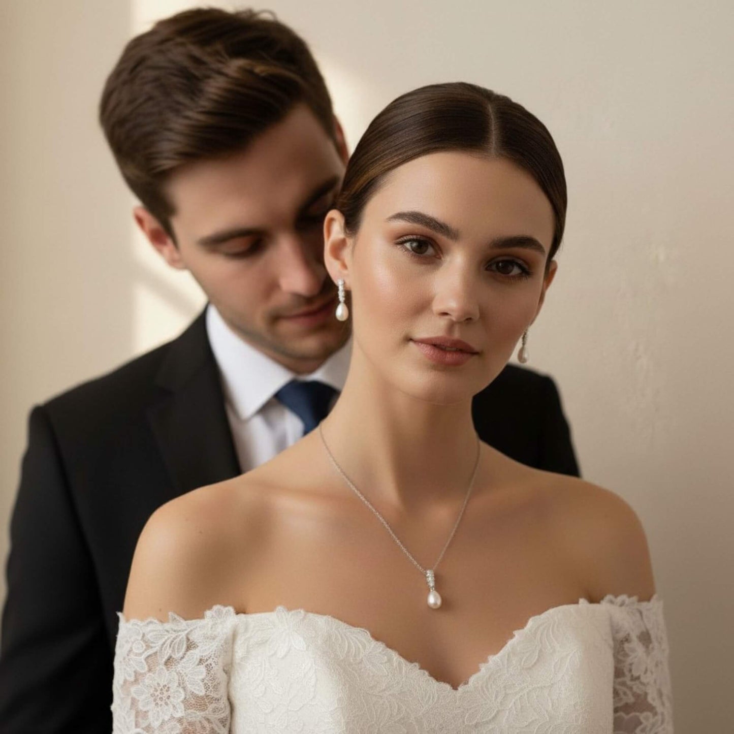 Bride in elegant updo showcasing teardrop pearl earrings and matching necklace