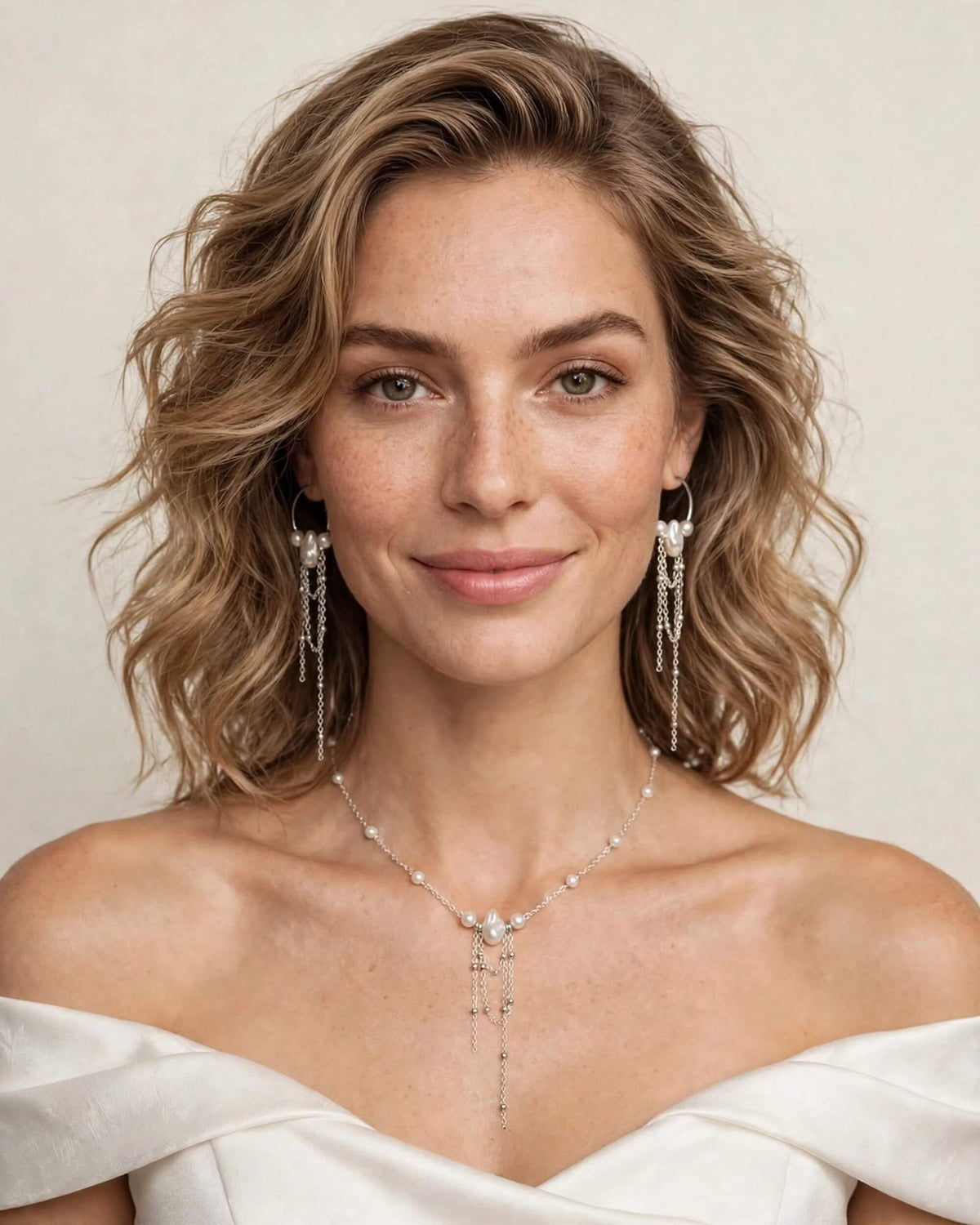 A woman with wavy blonde hair models a delicate silver-toned necklace and matching drop earrings with clear stones, wearing a white off-the-shoulder dress against a soft beige background.