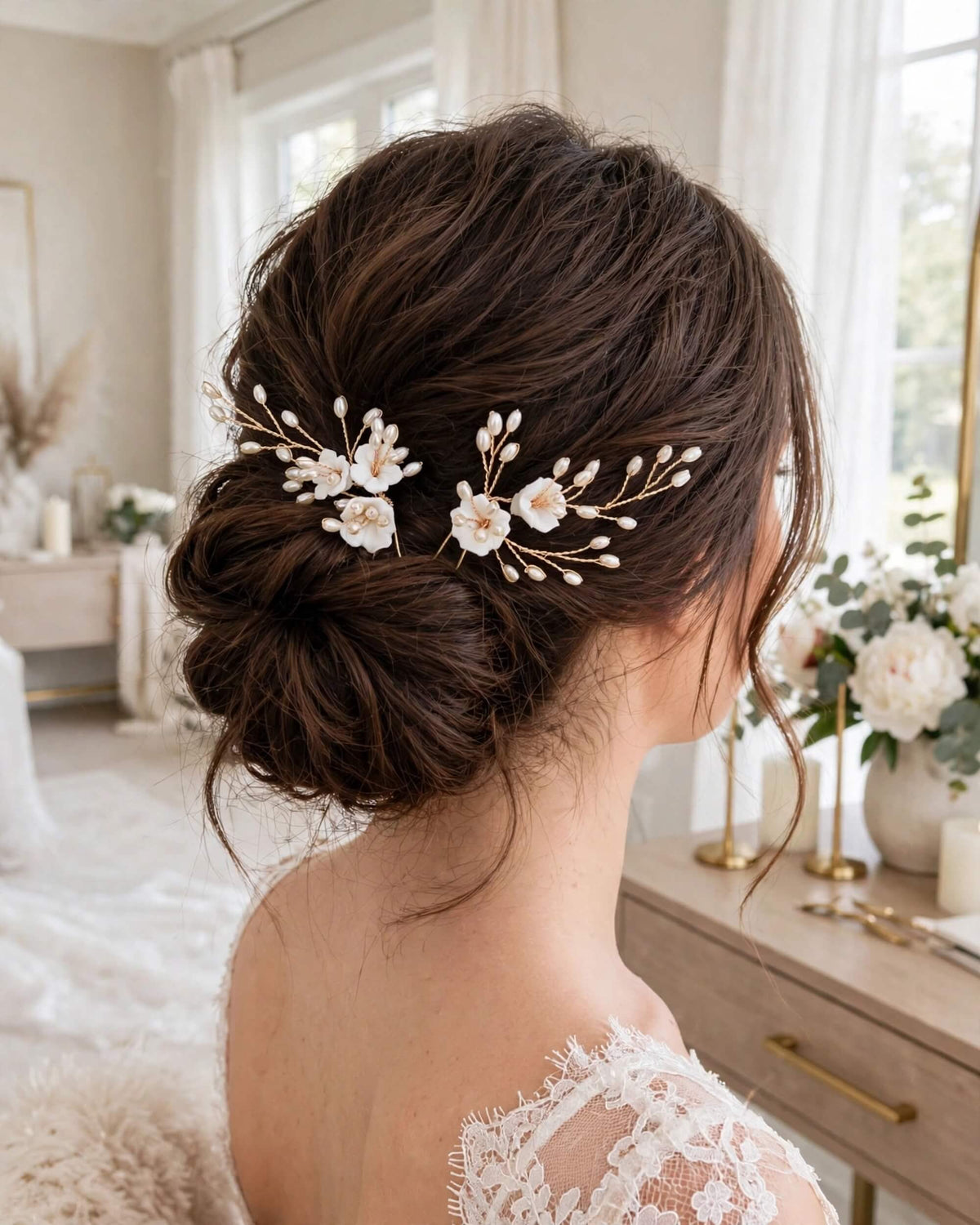 Pearl Hair Pins with Porcelain Flowers – Floral Wedding Hair Accessory